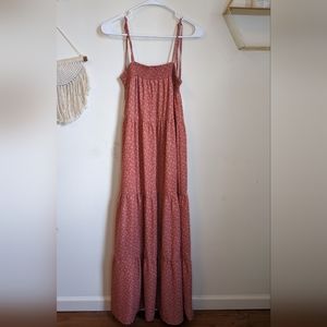 Liberty Love pink tiered smocked ditzy floral maxi tassel tank dress